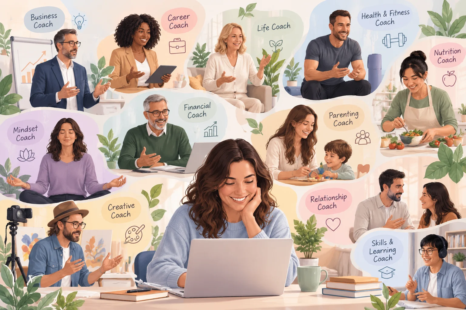 Conceptual illustration of different coaches and learners at work: business, career, life, health and fitness, nutrition, parenting, relationship, creative and skills coaching, with a learner at a laptop in the centre