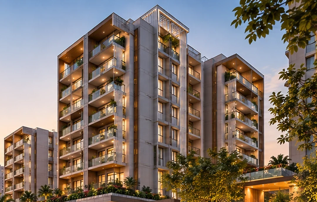 Conceptual artwork of a contemporary residential tower with landscaped balconies at dusk