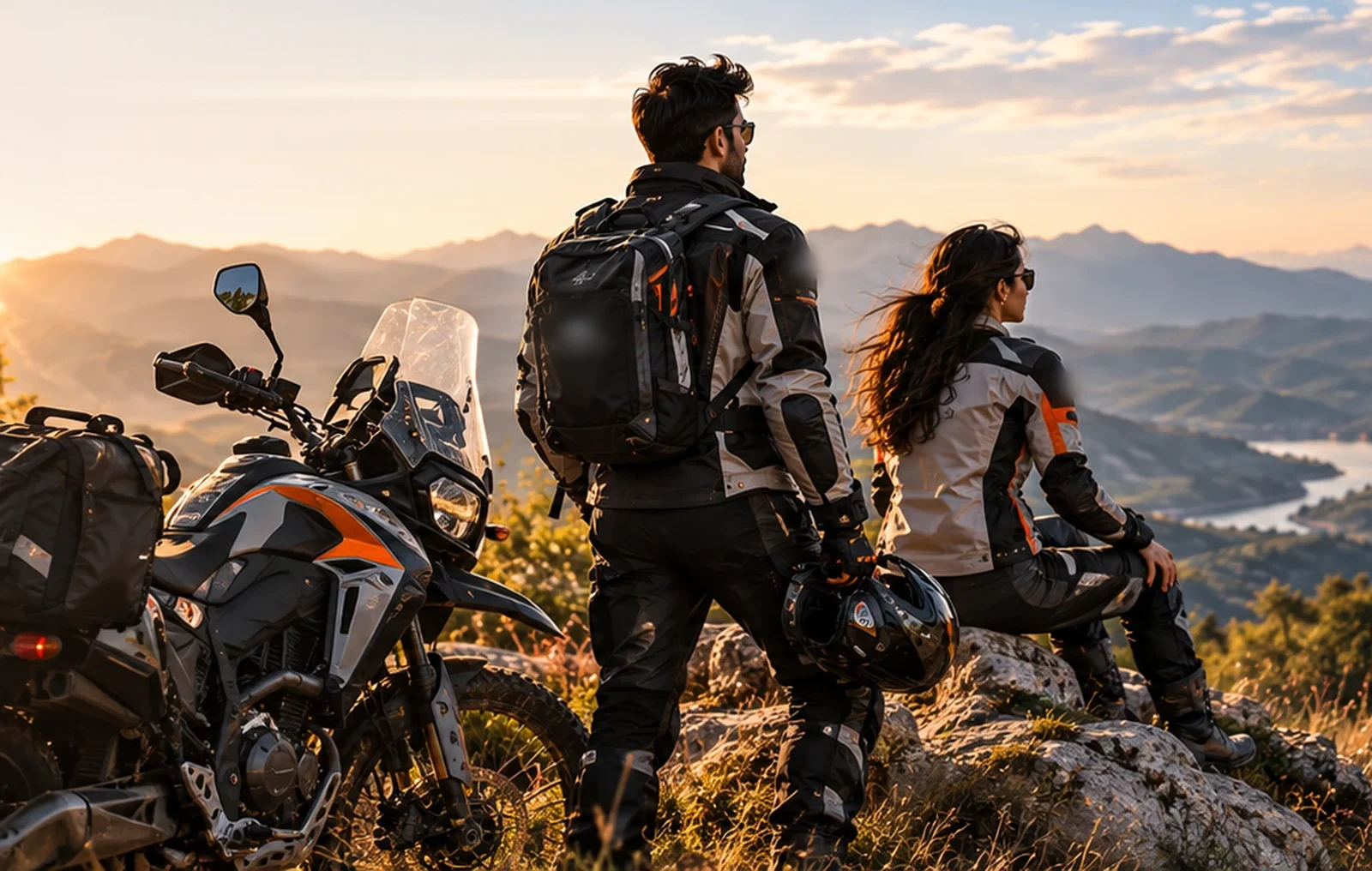 Conceptual artwork of two riders in adventure touring gear looking over a mountain valley at sunset beside an adventure motorcycle